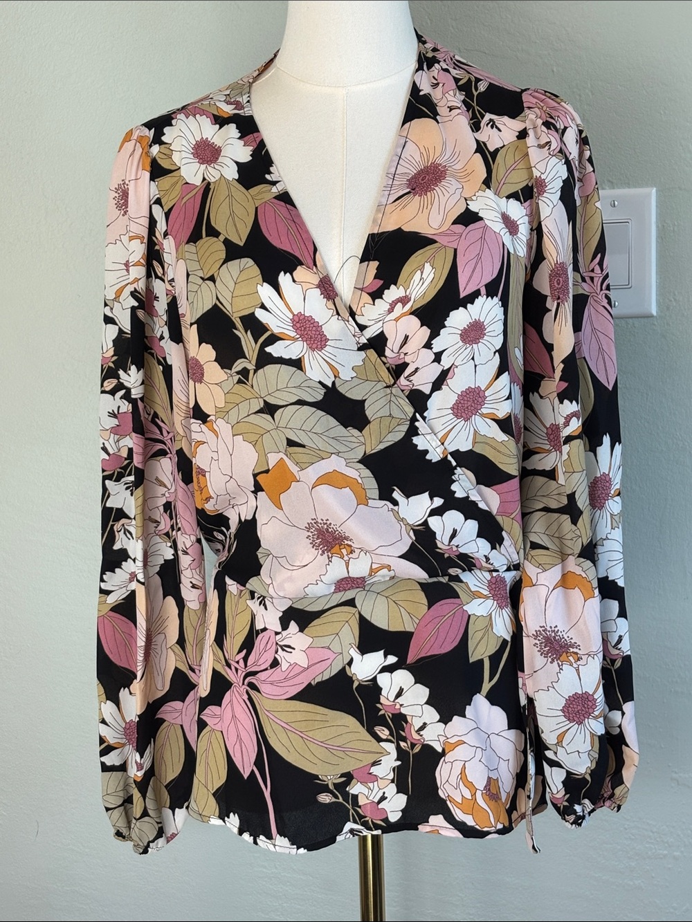 Bundle 2/$30! Pleione Black Floral Faux Wrap Top with Pink & Cream Blooms Medium